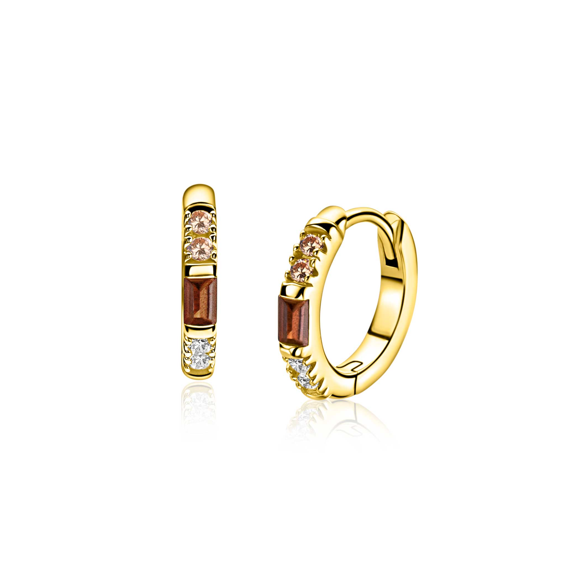 13mm ZINZI gold plated zilveren oorringen bezet met champagne, bruine en witte kleurstenen, luxe klapsluiting ZIO2869