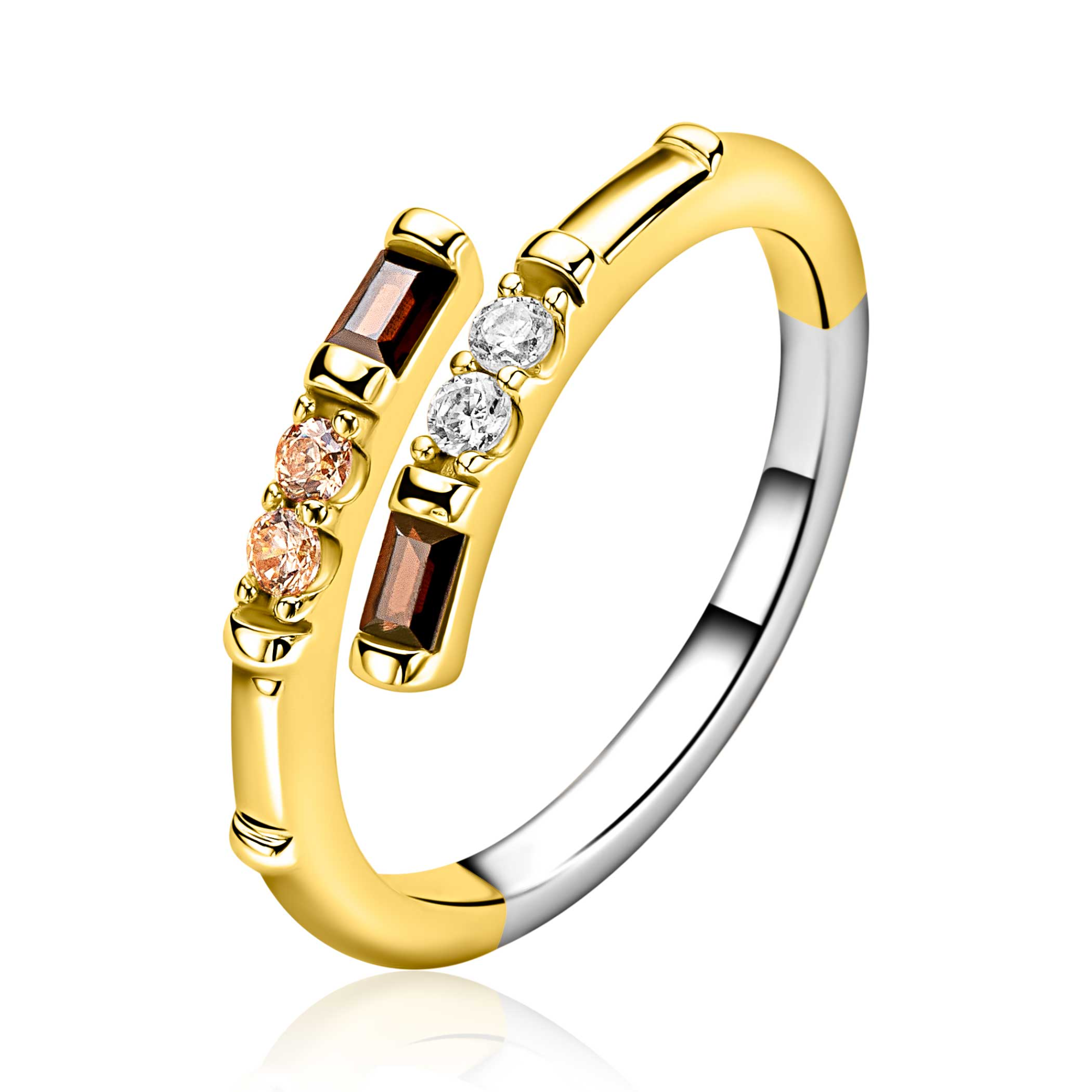 ZINZI gold plated zilveren multi-look ring (5mm breed) bezet met witte, bruine en champagne kleurstenen ZIR2869