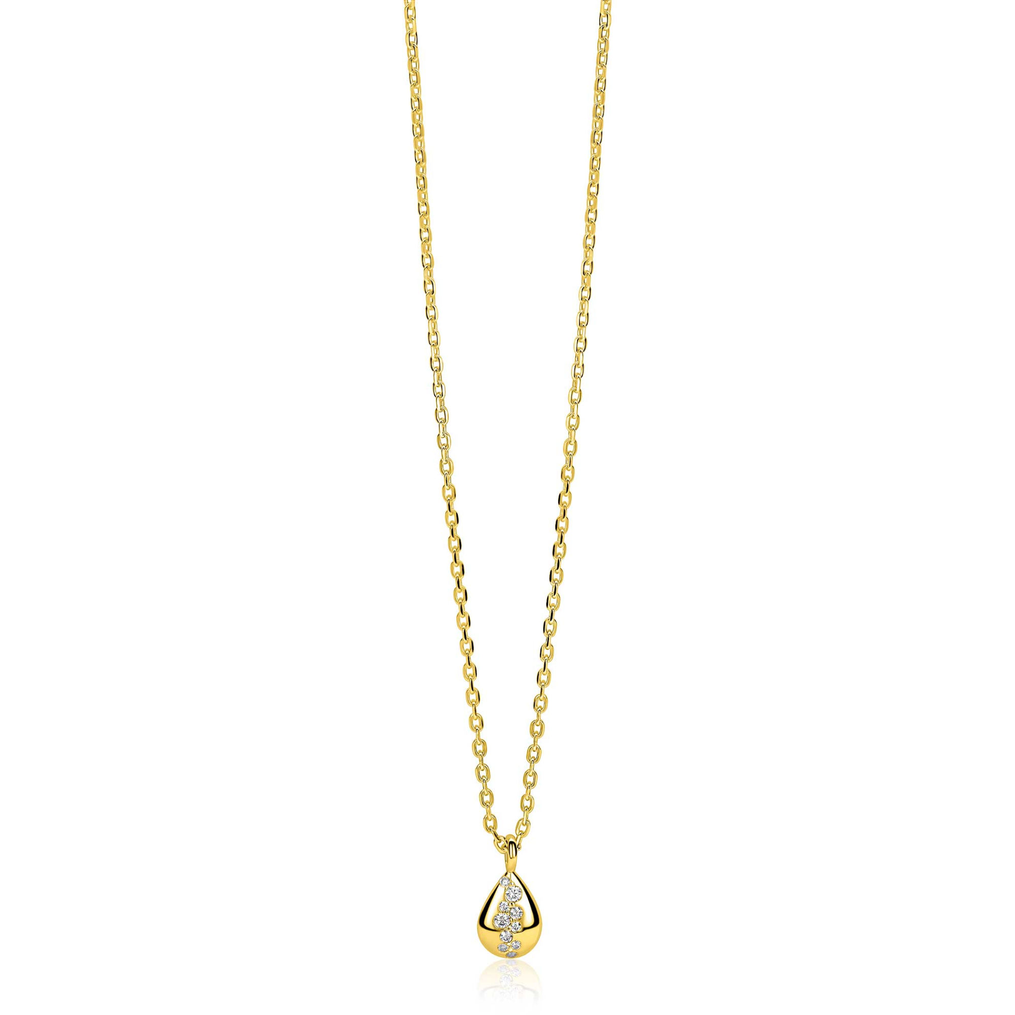 ZINZI gold plated zilveren ketting met druppelvormige hanger (14mm) bezet met witte zirkonia&rsquo;s 42-45cm ZIC2871