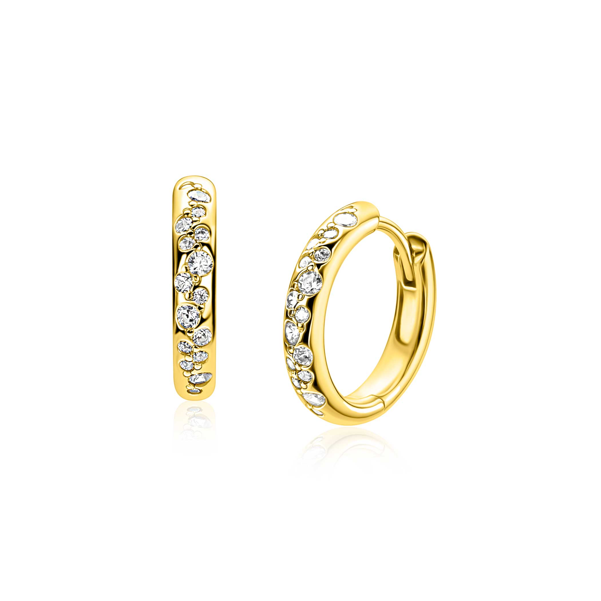 15mm ZINZI goldplated zilveren oorringen met witte zirkonia&rsquo;s in speelse druppelvorm verwerkt, luxe klapsluiting ZIO2871