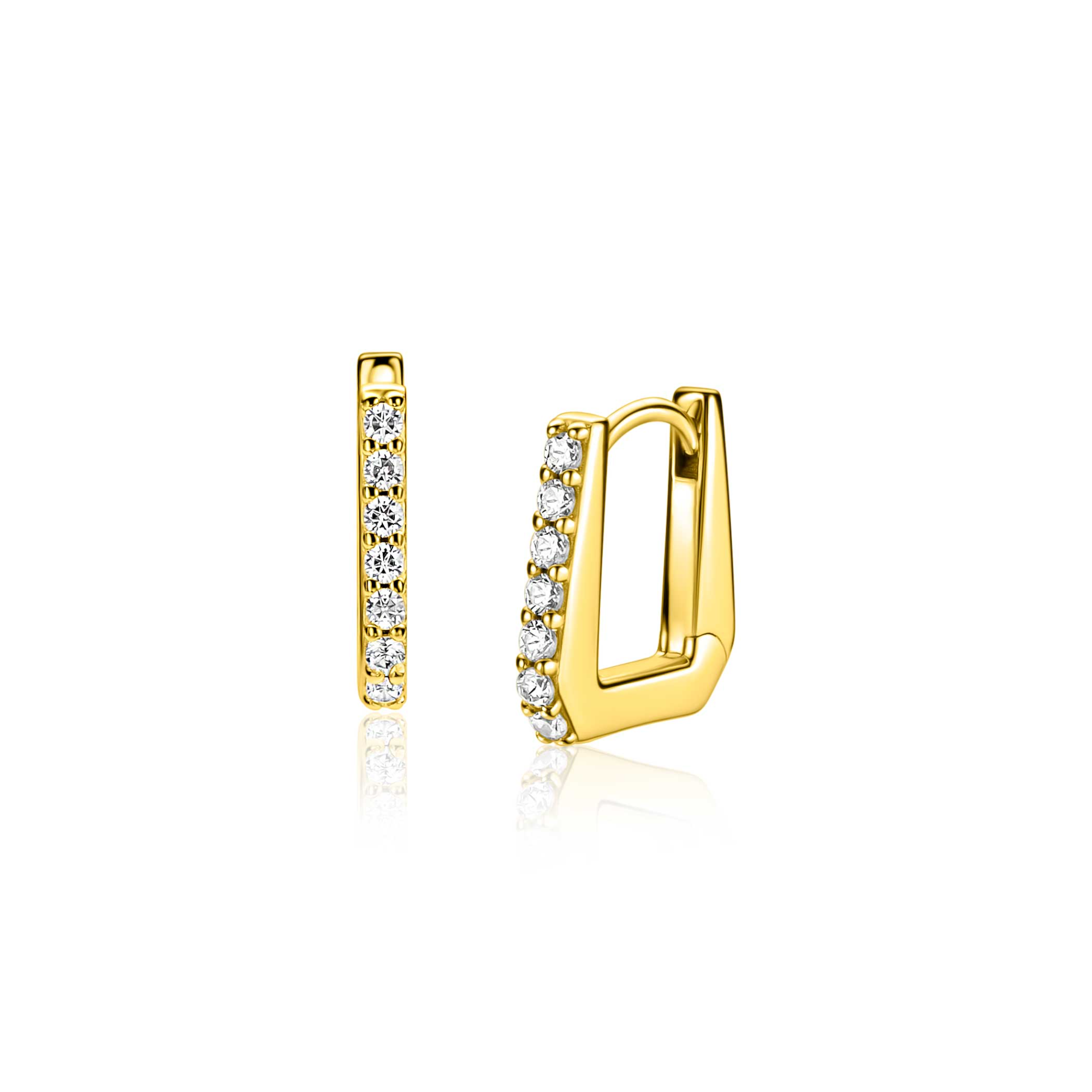 ZINZI gold plated zilveren rechthoekige oorringen (12mm) met strakke buis en bezet met een rij witte zirkonia&rsquo;s. Buisdikte 2mm en met luxe klapsluiting. Vervaardigd van eerste gehalte zilver (925) en extra geel verguld.