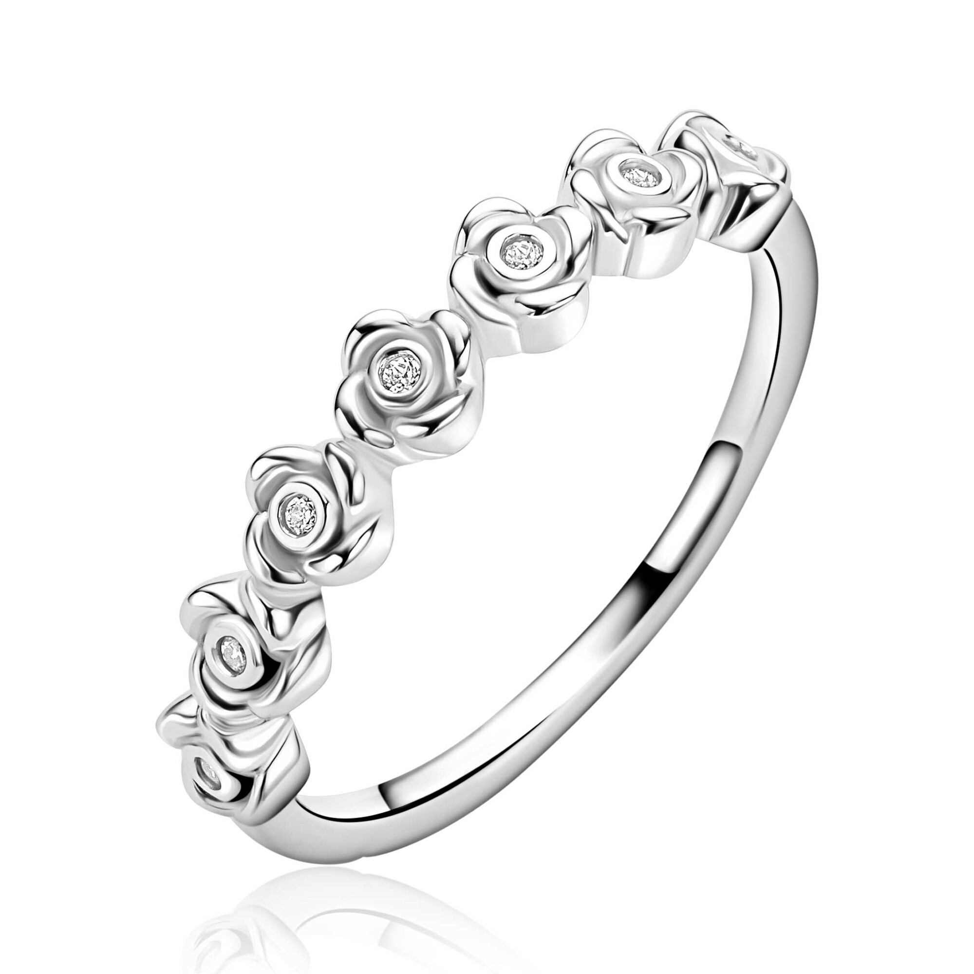 ZINZI zilveren ring met een rij roosjes bezet met witte zirkonia&rsquo;s in het midden