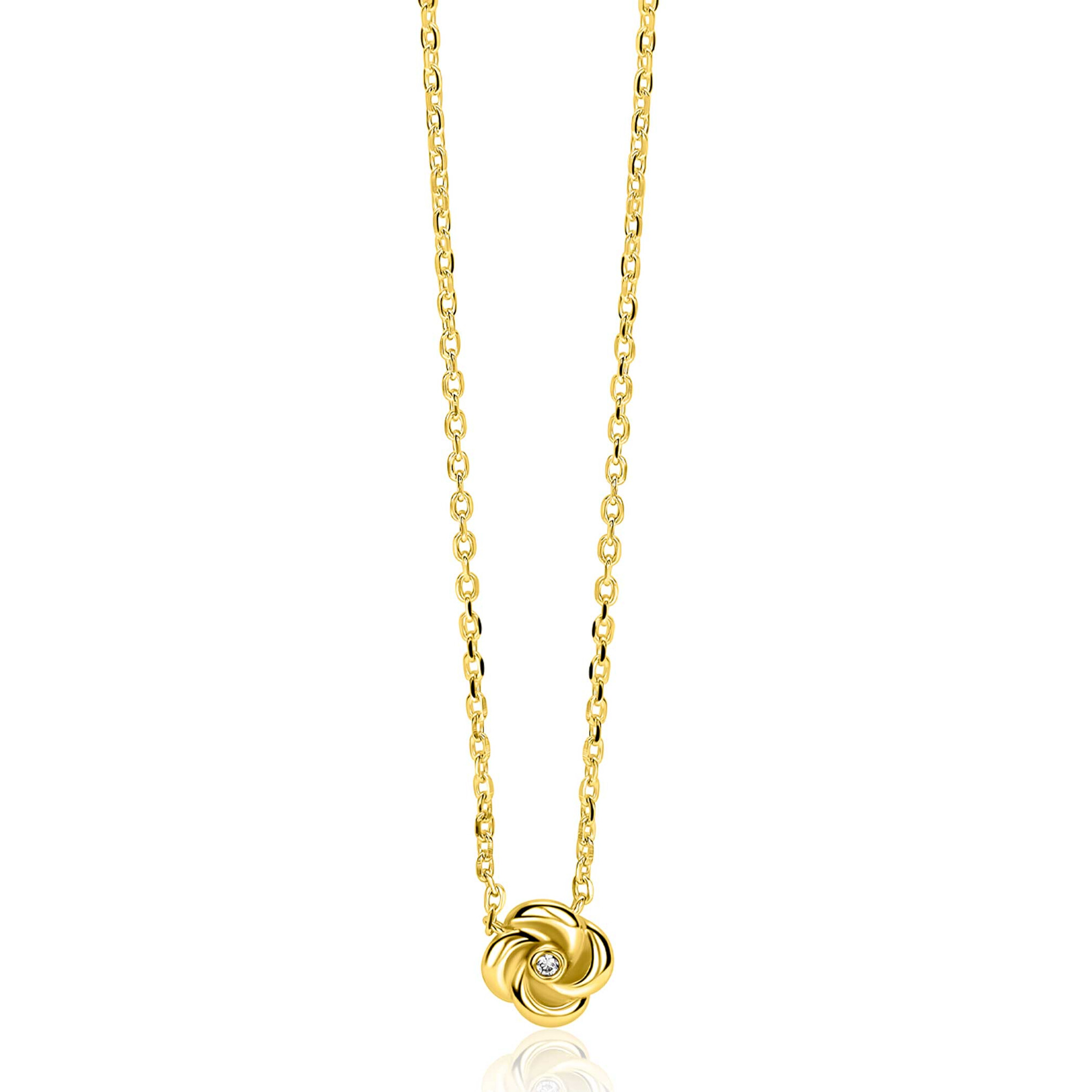 
Ga naar het begin van de afbeeldingen-gallerij
ZINZI gold plated zilveren ketting met hanger in roosdesign (9mm) en bezet met een witte zirkonia in het midden 42-45cm 