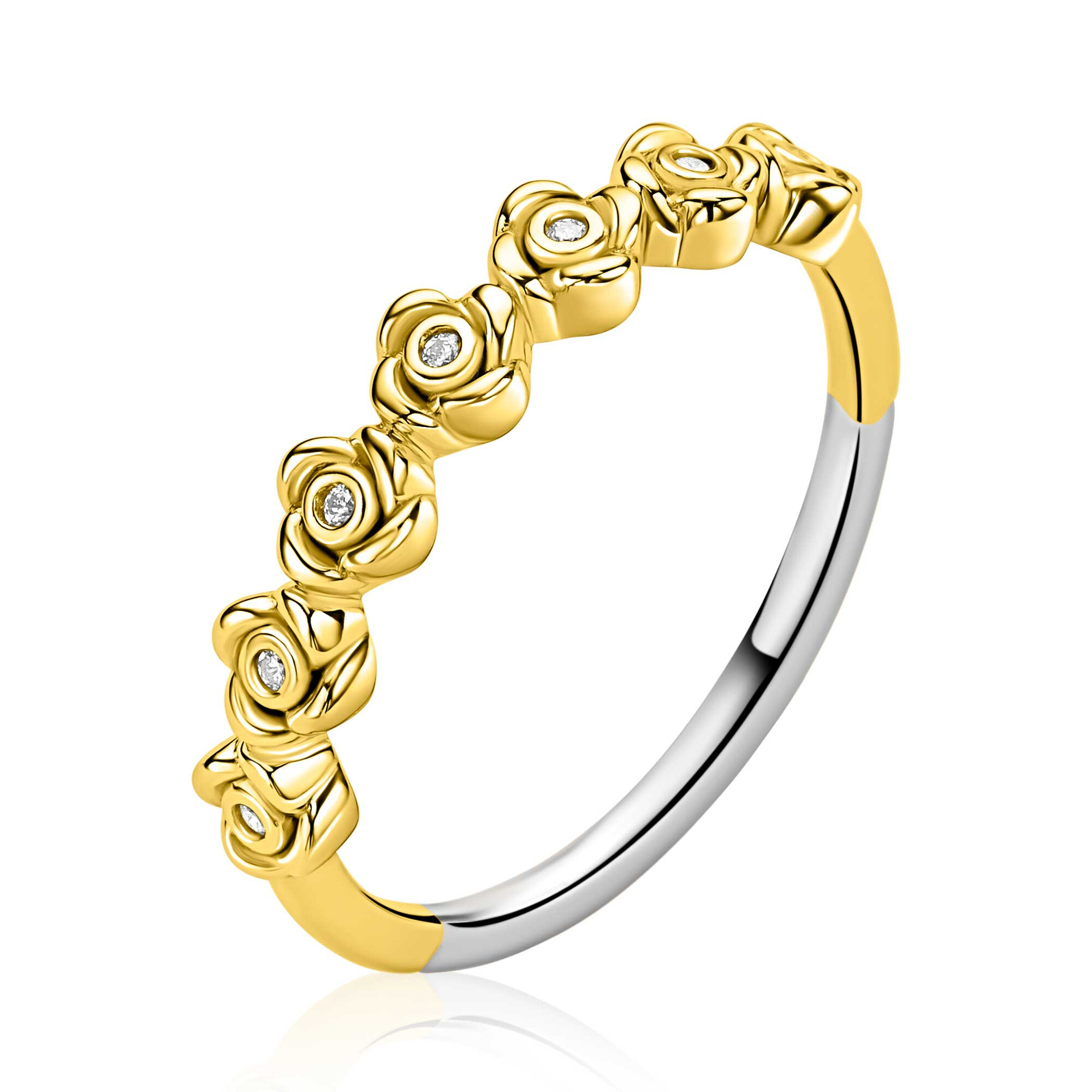 De ZINZI goud vergulde zilveren ring, model ZIR2873Y56, bestaat uit een rij prachtige roosjes bezet met witte zirkonia&rsquo;s. Deze elegante ring, met maat 54, is perfect voor elke gelegenheid. Combineer met andere gouden sieraden voor een stijlvolle look of draag het als statement-stuk voor een verfijnde uitstraling. Ideaal voor een chique avondje uit.