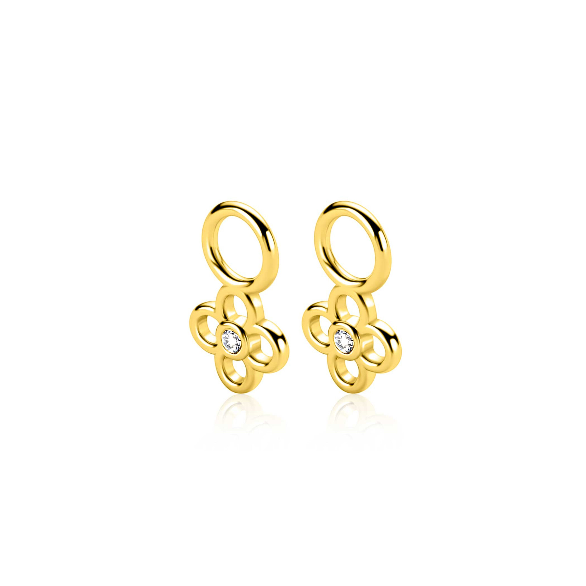 ZINZI gold plated zilveren oorbedel in open klaver vier vorm 7mm, bezet met een witte zirkonia in het midden. De oorbedels zijn vervaardigd van eerste gehalte zilver (925) en extra geel verguld.