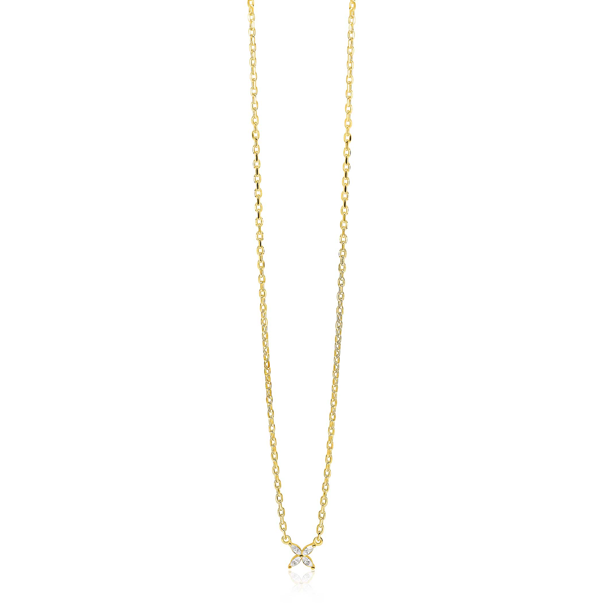 ZINZI gold plated zilveren ketting met bloem bezet met vier druppelvormige witte zirconia's 42-45cm ZIC2624