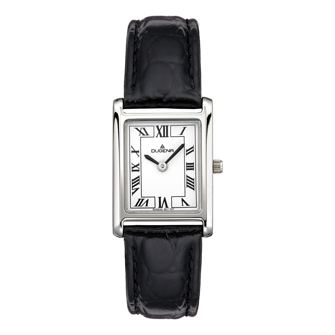 Die Damenuhr Quadra Classica bietet ein rechteckiges Edelstahlgeh&auml;use mit 6 mm Dicke, ein wei&szlig;es Zifferblatt und ein schwarzes Echtlederarmband. Sie hat eine Gr&ouml;&szlig;e von 29 mm und ein Quarzwerk. Die Uhr ist bis zu einem Level von 3 wasserdicht, aber ohne Datumsfunktion. Ideal kombinierbar mit eleganter oder Businesskleidung. Zustand: Neu.