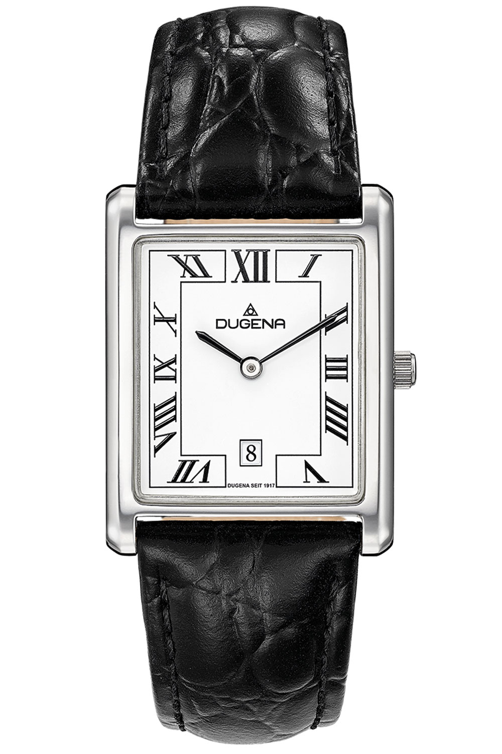 Die Herrenuhr Quadra Classica bietet ein elegantes Design mit silberfarbenem, rechteckigem Edelstahlgeh&auml;use, wei&szlig;em Zifferblatt und schwarzem Echtlederarmband. Mit Mineralglas, Quarzwerk und Datumsfunktion. Wasserdicht bis 3 ATM &ndash; ideal f&uuml;r den Alltag. Tragen Sie sie zu formellen oder l&auml;ssigen Anl&auml;ssen f&uuml;r einen stilvollen Look. Zustand: Neu.