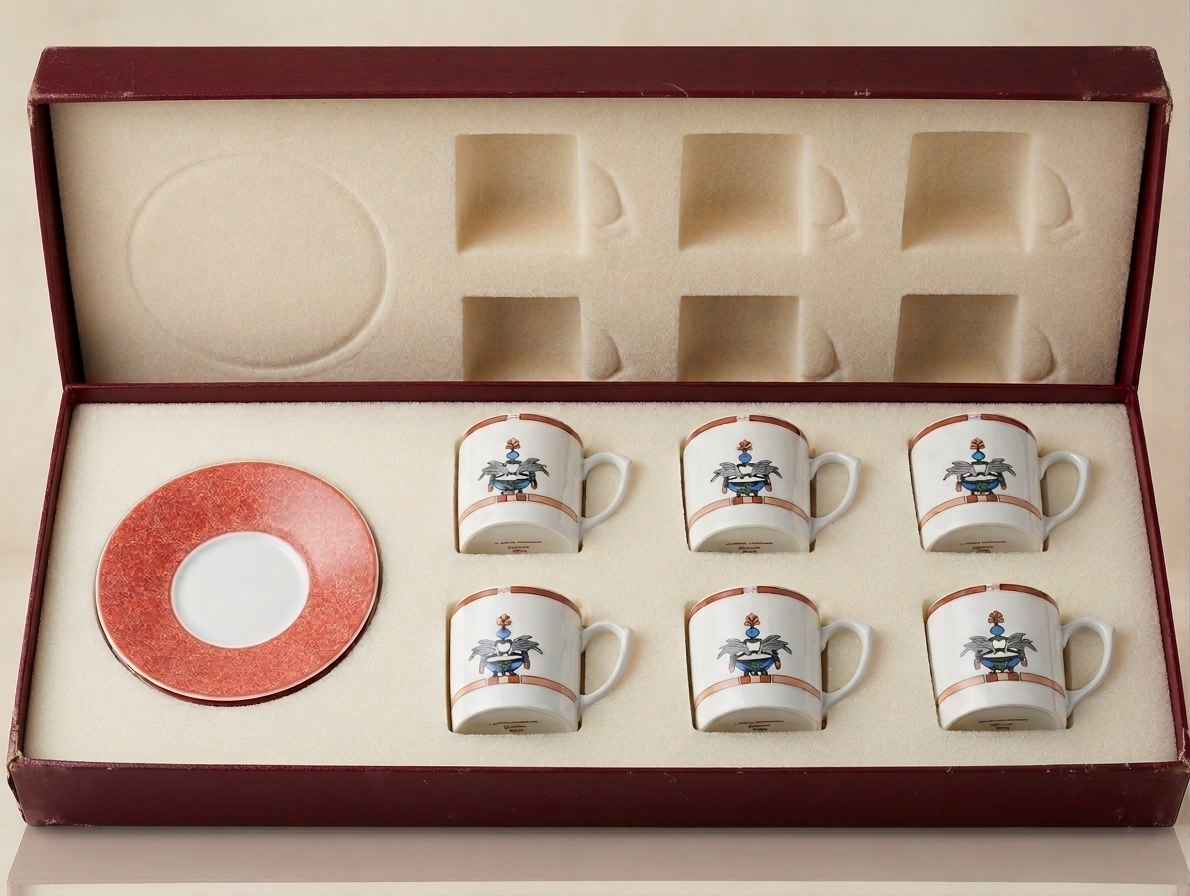 Vintage Cartier&copy; 6-delige porseleinen Koffie set.
Doos licht beschadigd.
Vintage artikelen hebben een beperkte garantie van 2 maanden