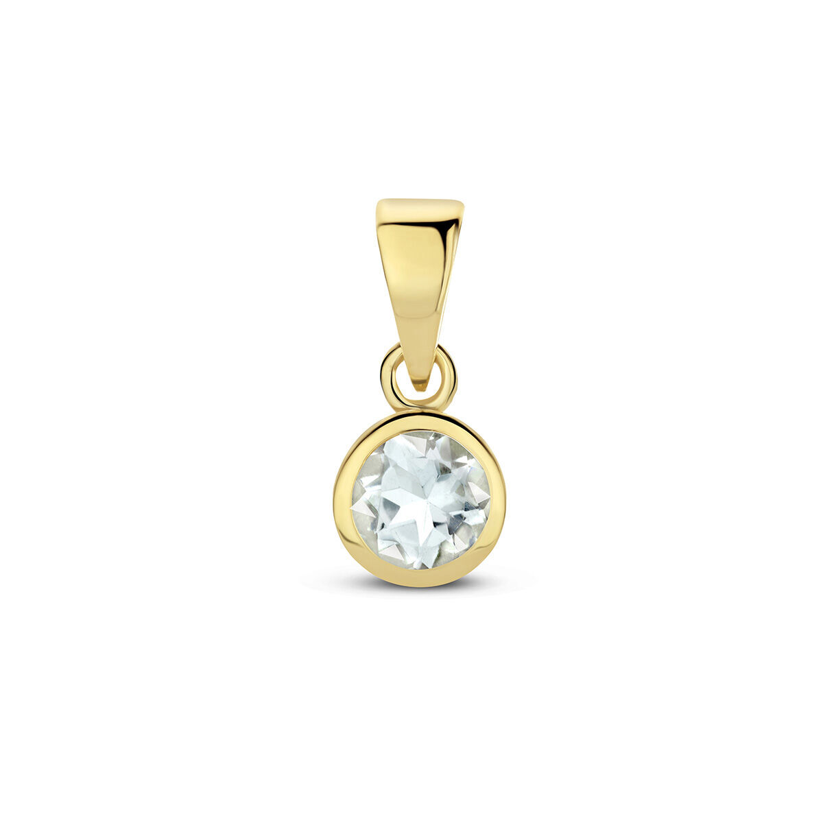 14k Geelgouden geboortesteen hanger uitgevoerd met een schitterende edelsteen. De hanger heeft een totale hoogte van 1.1cm.