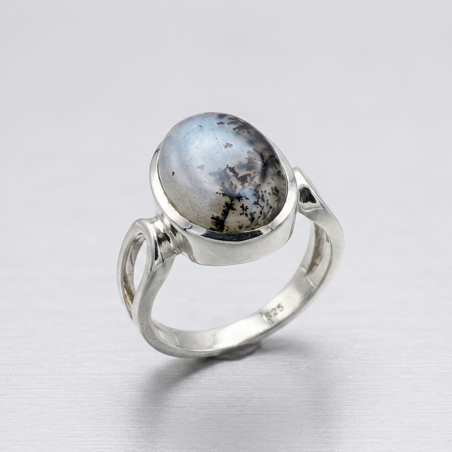 De Zilveren Ring met Dendriet is een prachtige 925 sterling zilveren ring met een wit agaat steen in cabochon slijpvorm. Met een ringmaat van 55, breedte van 16mm en diepte van 6mm. Perfect te dragen als elegante toevoeging aan uw outfit.