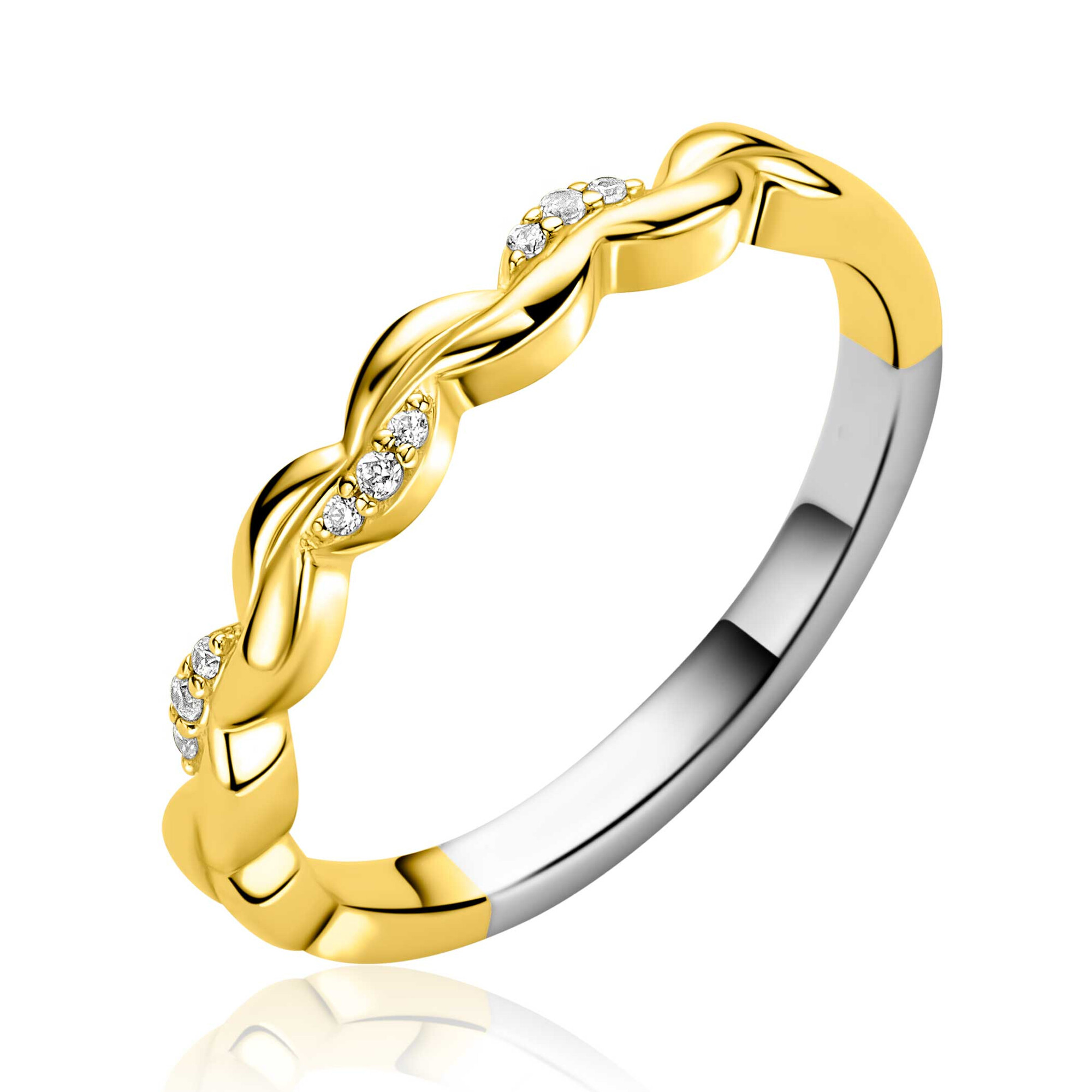 ZINZI gold plated zilveren ring met een sierlijk golvend design, subtiel bezet met witte zirkonia&rsquo;s ZIR2875