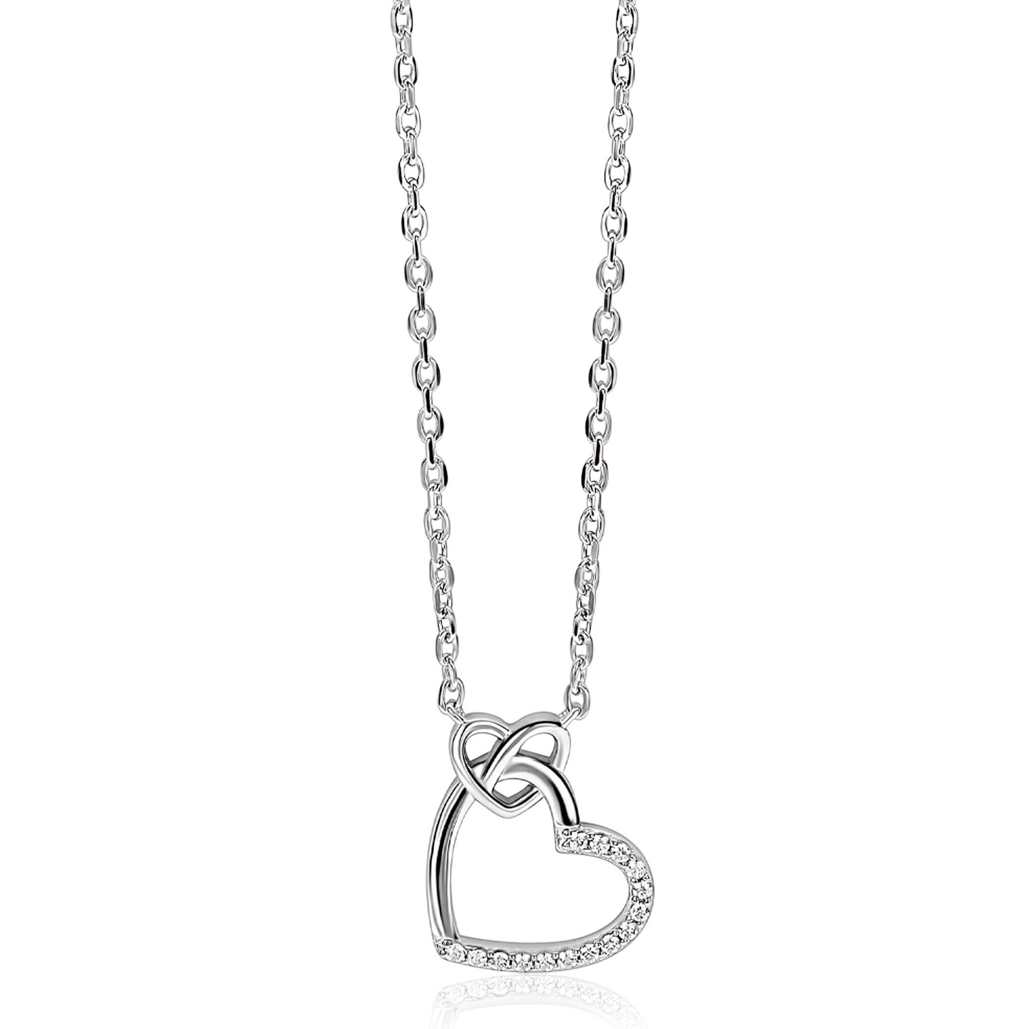 ZINZI zilveren ketting met twee sierlijke harten die met elkaar verbonden zijn, waarvan het grotere hart half bezet is met witte zirkonia&rsquo;s. De lengte van de ketting is te vari&euml;ren tussen de 42cm en 45cm. Vervaardigd van eerste gehalte zilver (925) en voorzien van een extra rodiumlaag voor een langdurige glans.