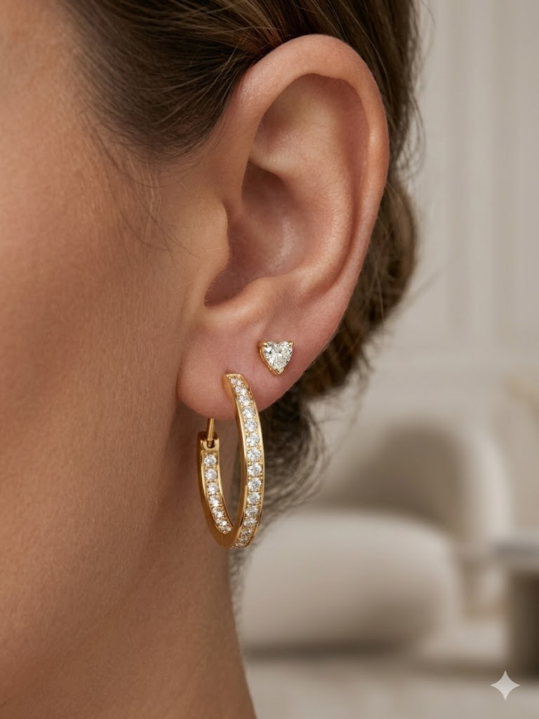 eigen creatie oorbel 18kt 1 stuk voor tweede gaatje met Lab Grown hartje 0.19ct