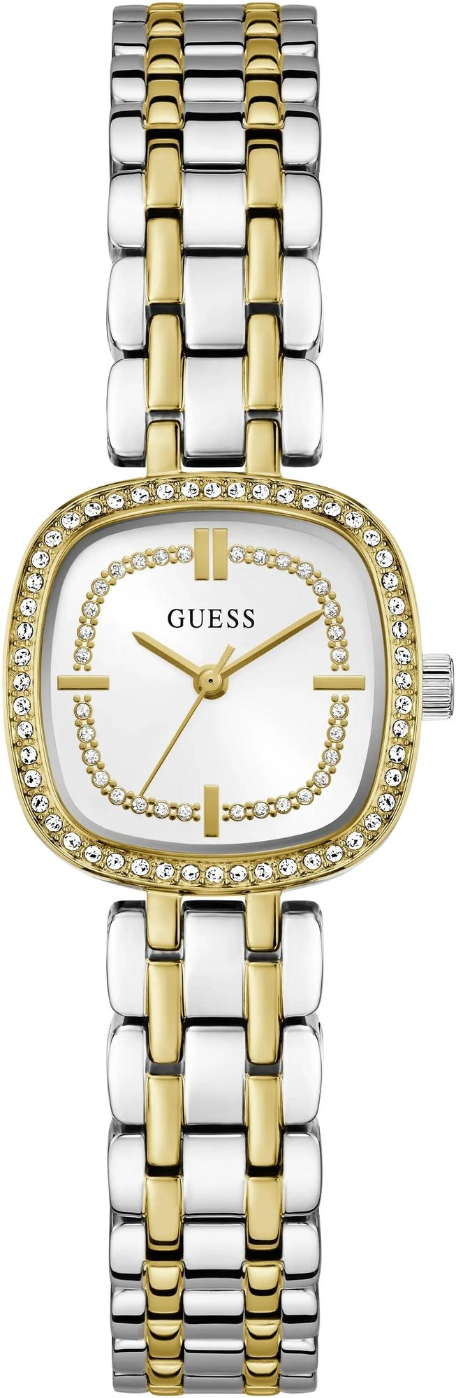 De GUESS BEJEWELED horloge, modelnummer GW1018L3, heeft een roestvrijstalen zilverkleurige kast en band. De vierkante kast meet 25 mm met mineraalglas en heeft een analoge kwartsbeweging. Hij is tot 5 ATM waterbestendig. Ideaal voor elegante gelegenheden. Draag dit stijlvolle, zilverkleurige horloge als chique accessoire bij zakelijke of feestelijke outfits.