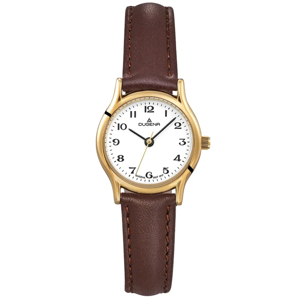 Diese Vintage Dugena Damenuhr besticht durch ihr zeitloses Design mit einem braunen Armband und einem Edelstahlgeh&auml;use. Ohne Datumsfunktion und mit einer Geh&auml;usegr&ouml;&szlig;e von 23 mm ist sie das perfekte Accessoire f&uuml;r jeden Tag. Tragen Sie sie zu l&auml;ssigen oder formellen Anl&auml;ssen f&uuml;r einen eleganten, klassischen Look.