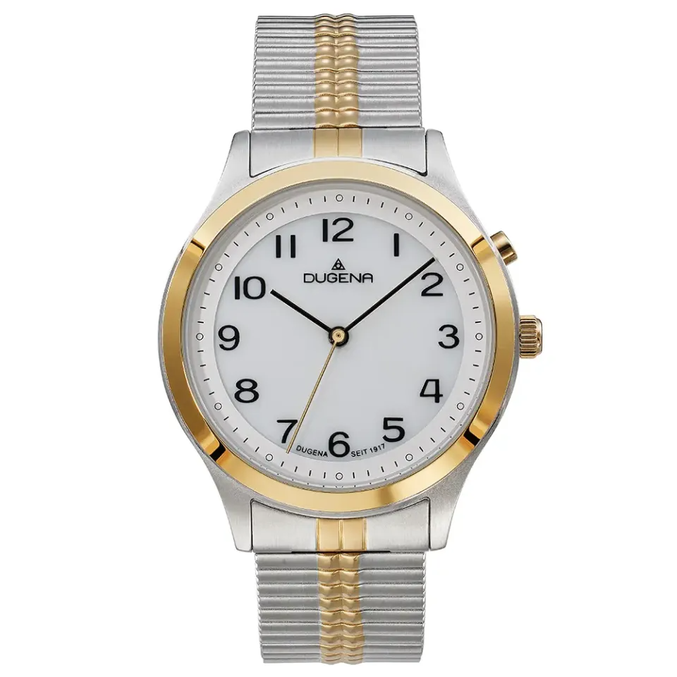 Die Bari Dugena Damenuhr,  besticht durch ihre elegante Optik. Aus Edelstahl gefertigt, mit einem gold-silbernen Armband und einem Geh&auml;usedurchmesser von 37 mm. Sie besitzt keine Datumsfunktion. Perfekt f&uuml;r den t&auml;glichen Gebrauch oder besondere Anl&auml;sse. Tragen Sie sie zu eleganter oder Business-Kleidung, um einen stilvollen Akzent zu setzen. Zustand: Neu.