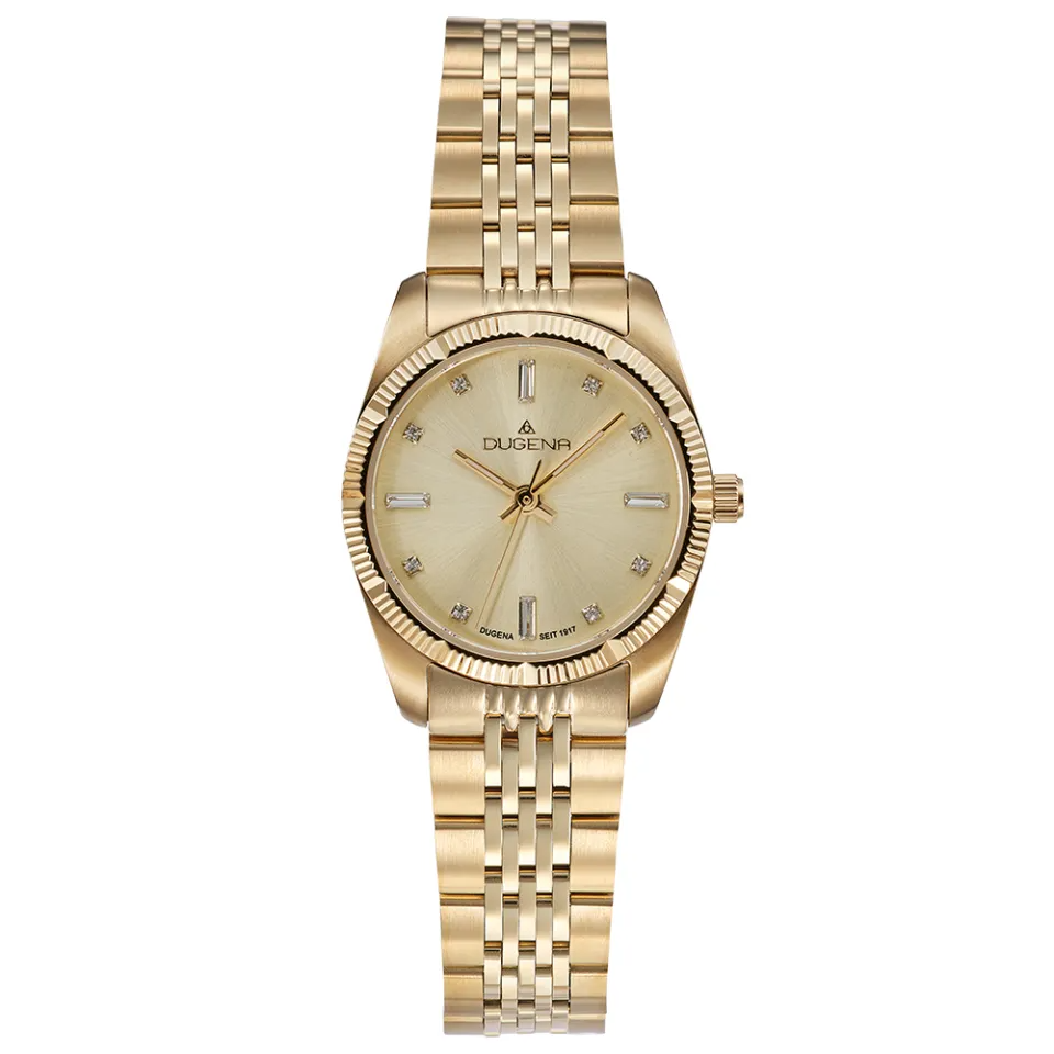 Die Paris Dugena Damenuhr,  ist eine elegante Armbanduhr mit goldfarbenem Edelstahlarmband und Geh&auml;use aus Edelstahl. Sie besitzt keine Datumsfunktion. Ideal f&uuml;r formelle Anl&auml;sse oder das B&uuml;ro, wird sie am besten mit eleganter Kleidung kombiniert, um ihren edlen Stil zu betonen und einen Hauch von Luxus zu verleihen.
