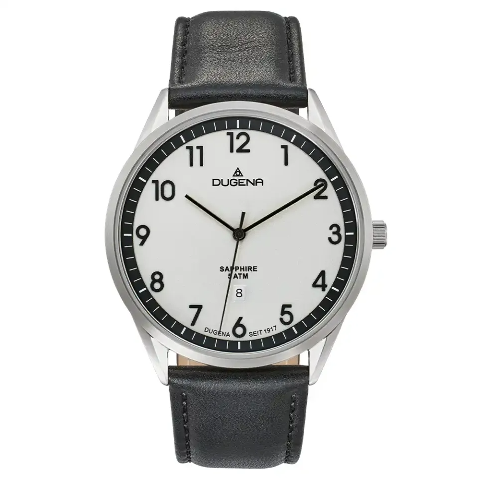 Die Slim Line Dugena Uhr besticht durch ihr elegantes Design. Mit einem schwarzen Armband und einem Geh&auml;use aus Edelstahl bietet sie eine stilvolle Optik. Die Uhr eignet sich hervorragend f&uuml;r den t&auml;glichen Gebrauch oder besondere Anl&auml;sse. Tragen Sie sie zu formeller oder l&auml;ssiger Kleidung, um stets einen zeitlosen Look zu bewahren.