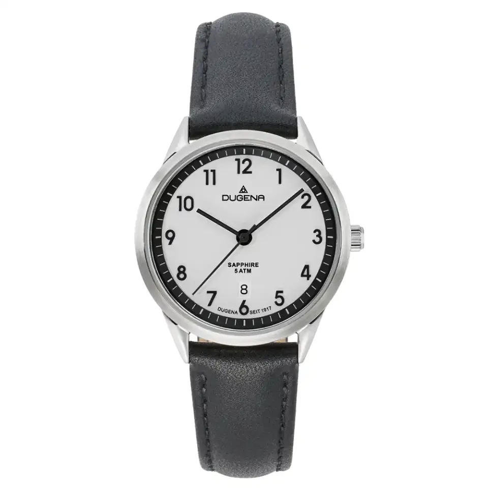 Die Slim Line Dugena Uhr ist eine elegante Armbanduhr mit einem schwarzen Armband und einem Geh&auml;use aus Edelstahl. Sie hat keine Datumsfunktion und misst 28 mm. Ideal f&uuml;r den t&auml;glichen Gebrauch oder formelle Anl&auml;sse: Tragen Sie sie am besten zu eleganter Kleidung. Perfekt f&uuml;r minimalistische Modefans.