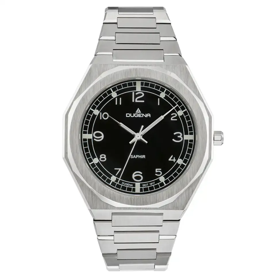 Die M&uuml;nchen Dugena Herrenuhr  besticht durch ein silberfarbenes Edelstahlgeh&auml;use und Armband. Mit einem Geh&auml;usedurchmesser von 41 mm und ohne Datumsfunktion ist sie der perfekte Begleiter f&uuml;r jeden Anlass. Tragen Sie sie als stilvolles Accessoire zu formellen oder l&auml;ssigen Outfits. Zustand: Neu. Ein Must-have f&uuml;r jede Uhrenkollektion!