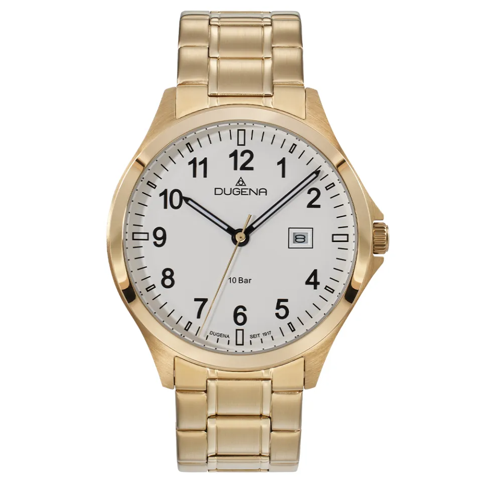Die Boston Dugena Damenuhr,  besticht durch ihr elegantes Design. Sie verf&uuml;gt &uuml;ber ein Edelstahlgeh&auml;use, Datumsfunktion und ein 41 mm Geh&auml;use. Das goldfarbene Armband vervollst&auml;ndigt den edlen Look. Diese Uhr l&auml;sst sich am besten bei formellen Anl&auml;ssen tragen und verleiht jedem Outfit eine luxuri&ouml;se Note. Ideal f&uuml;r stilbewusste Frauen.
