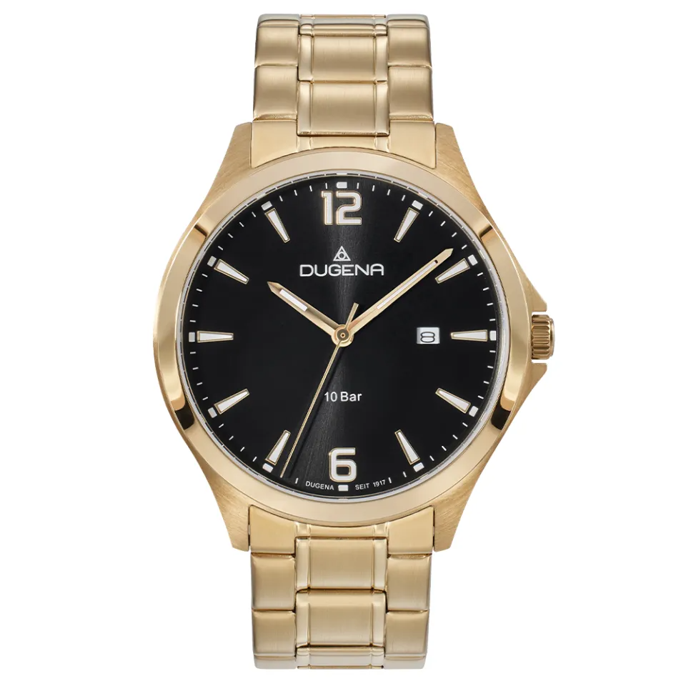 Die Boston Dugena Herrenuhr besticht durch ihr elegantes Design. Mit einem goldfarbenen Armband aus Edelstahl, einem 41mm Geh&auml;use und Datumsfunktion verleiht sie jedem Outfit einen Hauch von Luxus. Tragen Sie diese Uhr zu formellen Anl&auml;ssen oder als stilvolle Erg&auml;nzung zu Ihrer Alltagskleidung. Zustand: Neu. Ein Must-have f&uuml;r jede Uhrensammlung.