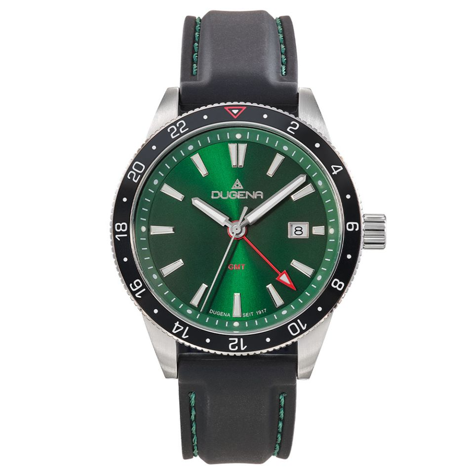 Die GMT Dugena Herrenuhr, besticht durch ihr elegantes Design. Sie verf&uuml;gt &uuml;ber ein schwarzes Armband und ein stabiles Edelstahlgeh&auml;use. Mit einem Durchmesser von 40 mm und Datumsfunktion ist sie sowohl praktisch als auch stilvoll. Tragen Sie sie mit Gesch&auml;fts- oder Freizeitkleidung f&uuml;r einen zeitlosen Look. Perfekte Alltagsuhr!