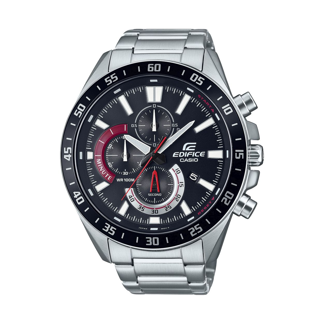 Dit Casio Edifice horloge heeft een stalen band en kast. De wijzerplaat is zwart met witte indexen en wijzers. Het horloge is voorzien van een stopwatch functie en is 10atm waterdicht