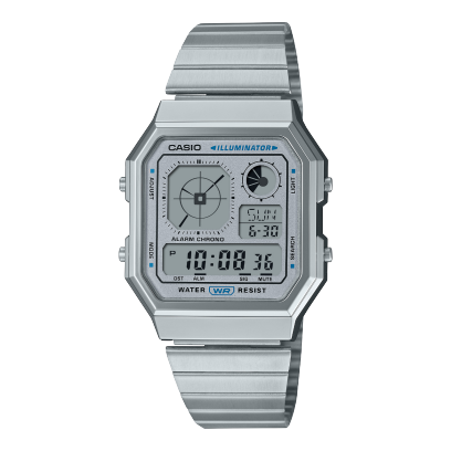 Step into the future with a nod to the past! With an updated take on the gadget-heavy aesthetics of the 1980s, blending a retro-futuristic vibe with analogue-inspired clock displays. The metallic finishes transform these watches into bold fashion statements, perfect for showcasing your unique style. The LCD design balances digital and analogue functionality, featuring a home-time analogue-style clock in the upper left and a graphic on the upper right tracking various features. The LED backlight ensures optimal visibility even in the dark. A sharp, angular case pairs effortlessly with a metal band, creating a compact, versatile design that complements any wardrobe. Choose from sophisticated metallic tones like silver or gold, with watch faces designed to complement the body&rsquo;s finish. Accent colours, including blue and orange on select models (A130WEGG-1A), amplify the tech-inspired aesthetic. Key features include Multi Time, World Time, and an LED backlight&mdash;everything you need in a watch that&rsquo;s as stylish as it is functional.