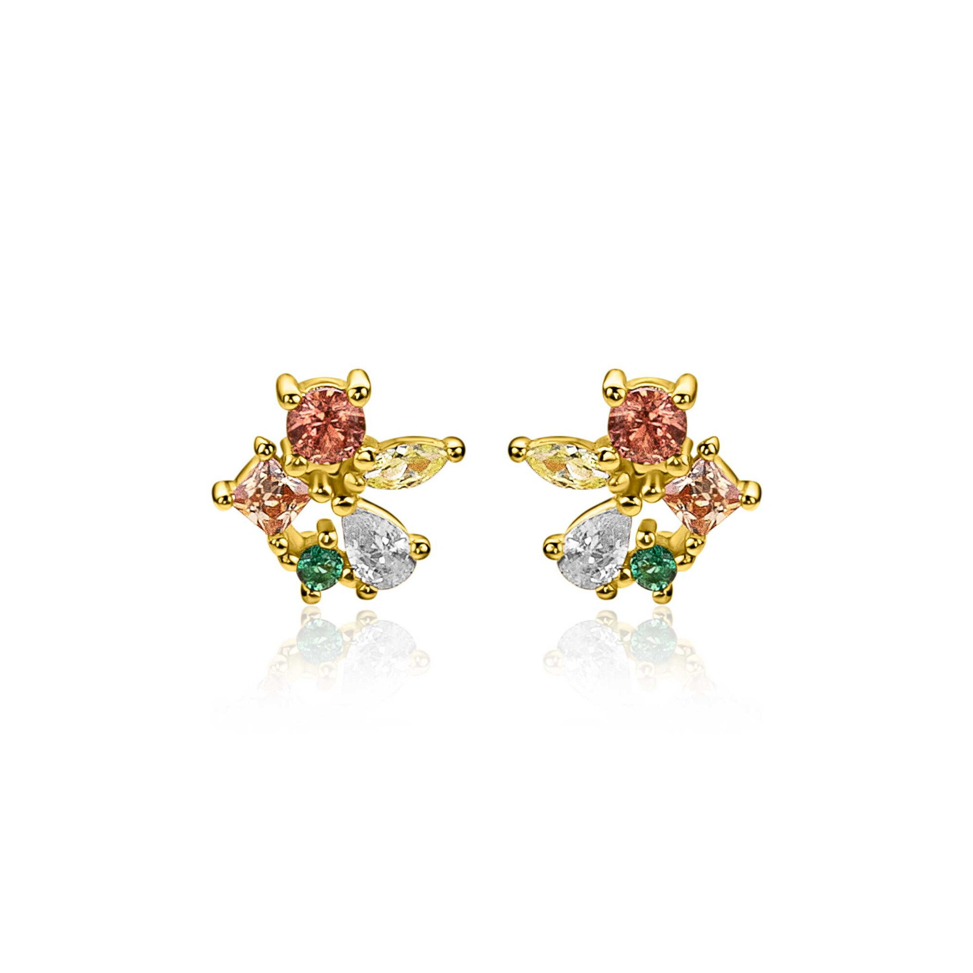 ZINZI gold plated zilveren oorstekers 8mm bezet met een speelse combinatie van bruine, groene en witte kleurstenen in verschillende slijpvormen. De mix van ronde, vierkante, druppel- en markiesvormige stenen geeft deze oorstekers een kleurrijke uitstraling. Vervaardigd van eerste gehalte zilver (925) en extra geel verguld.