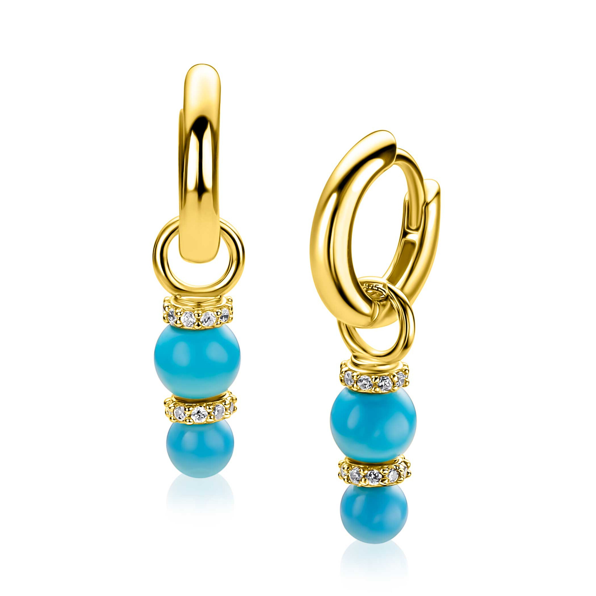 ZINZI gold plated zilveren oorbedels met twee turquoise parels onder elkaar waarbij de top is bezet met witte zirconia's. Perfect te combineren met ZINZI oorringen voor een persoonlijke look. Vervaardigd van eerste gehalte zilver (925) en extra geel verguld.