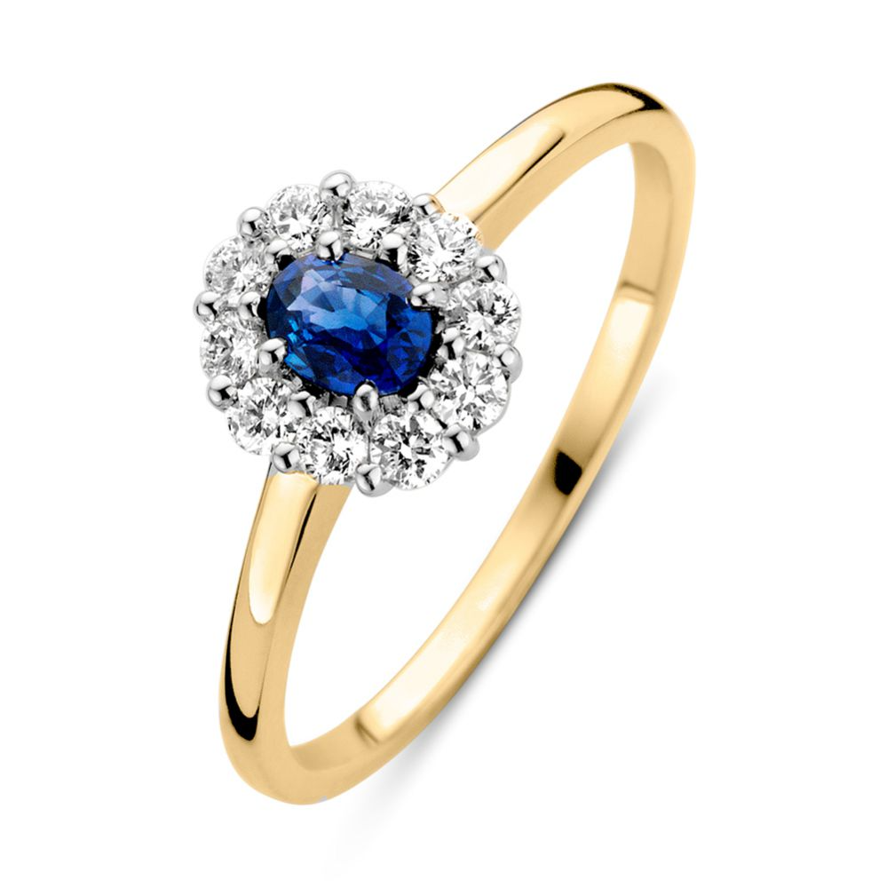 De Excellent Gouden ring, combineert elegantie en luxe. Gemaakt van 14-karaats goud, met een gouden kleur en versierd met 10 briljantgeslepen diamanten en 1 centrale saffier. Perfect voor dagelijks gebruik of speciale gelegenheden. Draag deze prachtige ring op zichzelf of samen met andere sieraden voor een verfijnde look. Ringmaat 56.