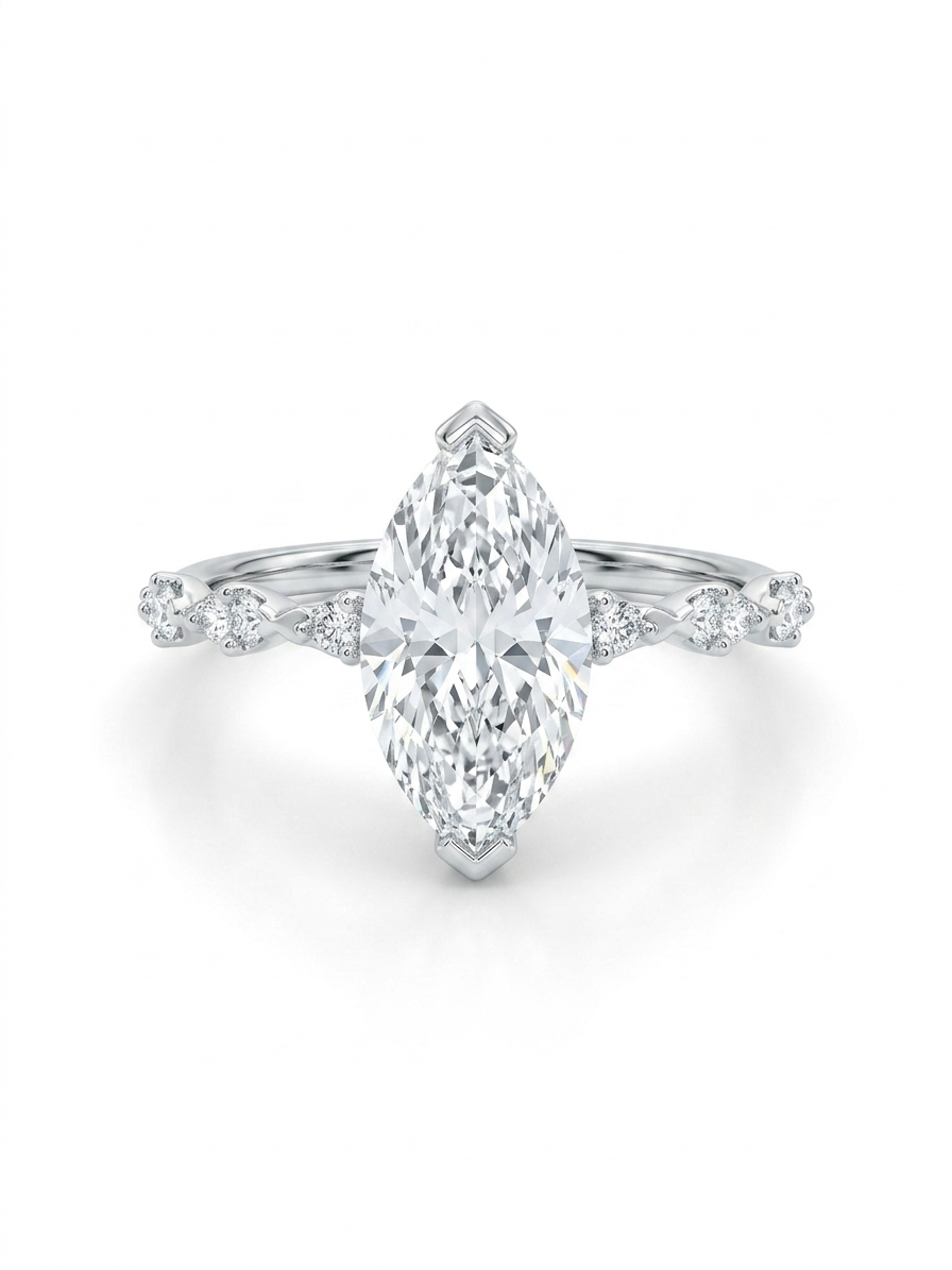 De 18 karaat witgouden ring, model LGRX14871, straalt verfijning uit met een lab grown diamant van 2,56 karaat, pure VVS2, kleur E. Perfect als verlovingsring. Het marquise slijpsel vangt magnifiek licht. Draag het tijdens speciale gelegenheden om je elegantie te accentueren. 
midden diamant is 2,56 caraat
zijde lab diamant marquise totaal 0.27 caraat
ring wordt geleverd met een IGI diamanten certificaat