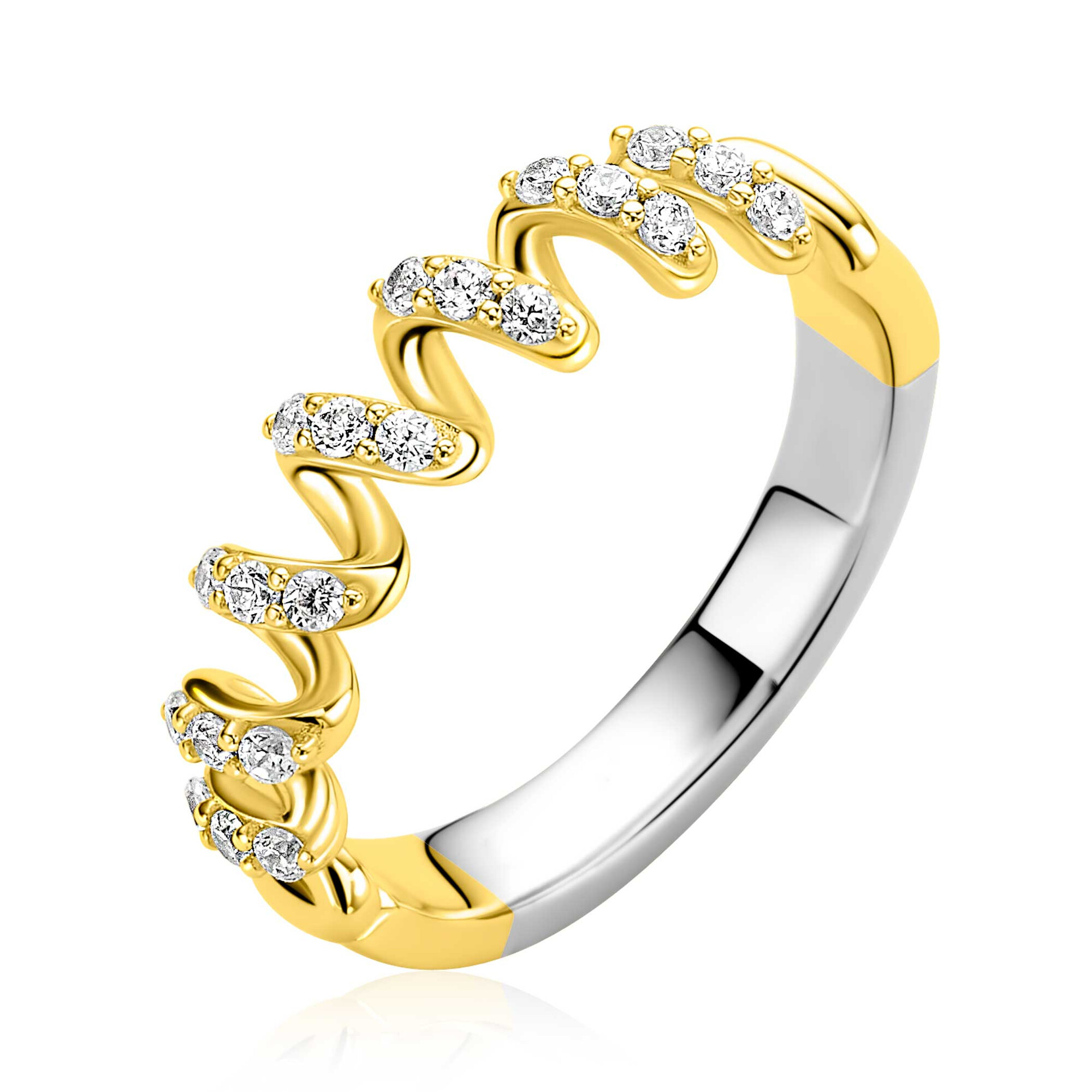 ZINZI gold plated zilveren ring met een sierlijk golvend design, bezet met witte zirkonia&rsquo;s in verfijnde zetting ZIR2877Y