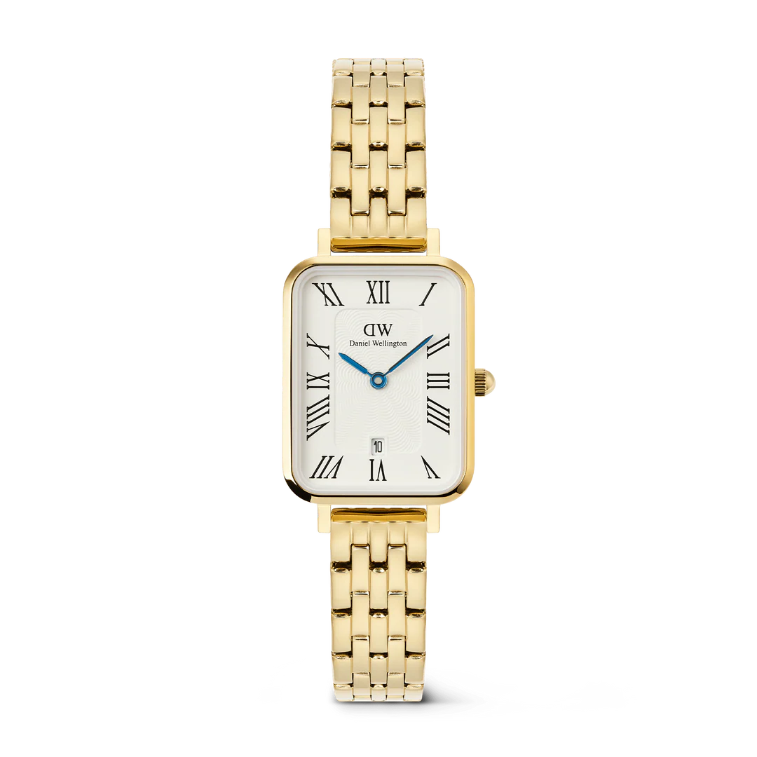 Die Quadro Roman Daniel Wellington Damenuhr, ist eine elegante Armbanduhr aus Edelstahl mit einem goldfarbenen Armband. Sie besitzt keine Datumsanzeige. Tragen Sie diese Uhr zu formellen Anl&auml;ssen oder um Ihrem Alltagsoutfit einen Hauch von Raffinesse zu verleihen. Perfekt f&uuml;r jede Gelegenheit, die Stil und Eleganz erfordert.