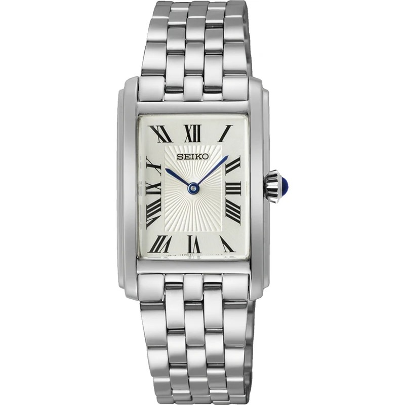 Dit is een dameshorloge van het merk Seiko. Het is een analoog horloge gemaakt van staal. De diameter van de kast is 22.2 mm en de kast is 7.18 mm dik.
De verdere specificaties van het horloge zijn als volgt:
Kastvorm: tonneau
Kastkleur: zilverkleurig
Kastmateriaal: staal
Bandbreedte: 16 mm
Bandlengte: 212.2 mm
Sluiting: vouwsluiting met drukker
Wijzerplaatkleur: cr&egrave;me
Glassoort: hardlex mineraal glas
Waterdichtheid: 5 ATM
Techniek: quartz