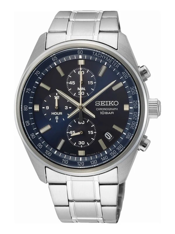 Dit is een herenhorloge van het merk Seiko. Het is een chronograaf horloge gemaakt van staal. De diameter van de kast is 41.5 mm en de kast is 12 mm dik.
De verdere specificaties van het horloge zijn als volgt:
Kastvorm: rond
Kastkleur: zilverkleurig
Kastmateriaal: staal
Bandbreedte: 18 mm
Bandlengte: 251.5 mm
Sluiting: vouwsluiting met drukker
Wijzerplaatkleur: blauw
Glassoort: hardlex mineraal glas
Waterdichtheid: 10 ATM
Techniek: quartz