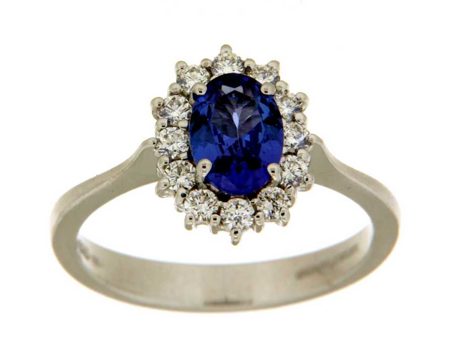 Elegante Giorgio Visconti ring 18 karaat witgoud, verfijnd bezet met een Tanzaniet en fonkelende diamanten. Een tijdloos en luxueus ontwerp met subtiele Italiaanse elegantie.