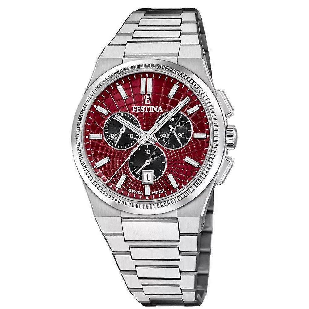  Festina heren uurwerk  Glas: Saffierglas Bandmateriaal: Roestvrij staal Diameter (mm): 42,5 Materiaal kast: Roestvrij staal Wijzerplaatkleur: Rood Weergave: Analoog Bandkleur: Zilver Producttype: Polshorloges Functies: Kalender Kastvorm: Rond Horlogetype: Chronograaf Sluitingstype: Vouwsluiting Waterbestendigheid: 10 ATM