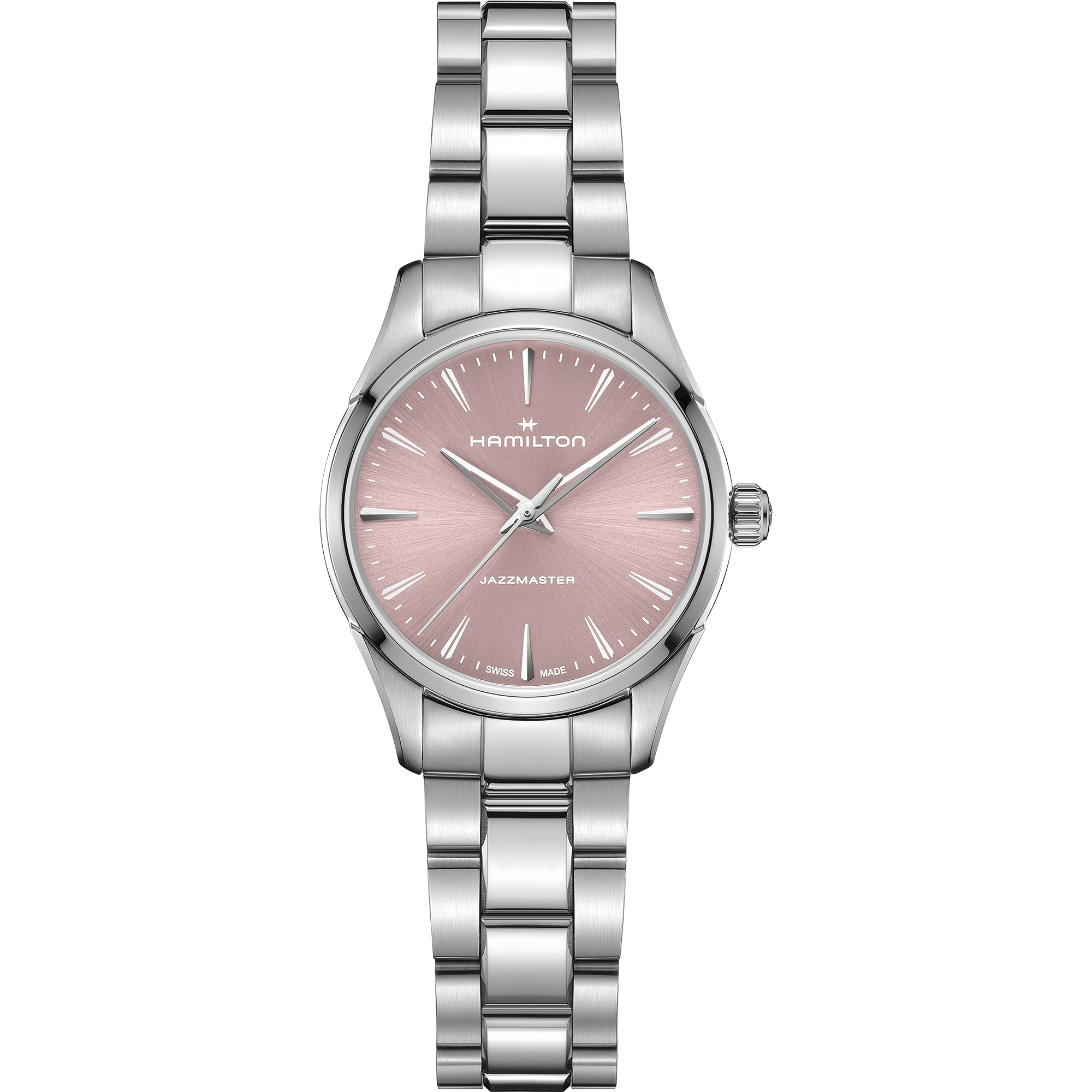 De Jazzmaster Quartz 32 mm is stijlvol en fris en heeft een poederroze, geborstelde wijzerplaat en opengewerkte dauphine-wijzers, voor een eigentijdse interpretatie van erfgoedstijl. De ultraplatte kast en geborstelde, gepolijste details cre&euml;ren een strak silhouet. Een klassieke dresswatch die jeugdige energie combineert met tijdloze elegantie.