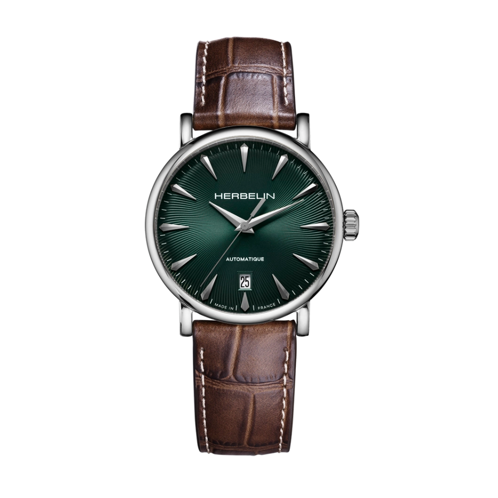 De Herbelin is een stijlvol automatisch herenhorloge met een groene wijzerplaat, leren band en tijdloos klassiek design.