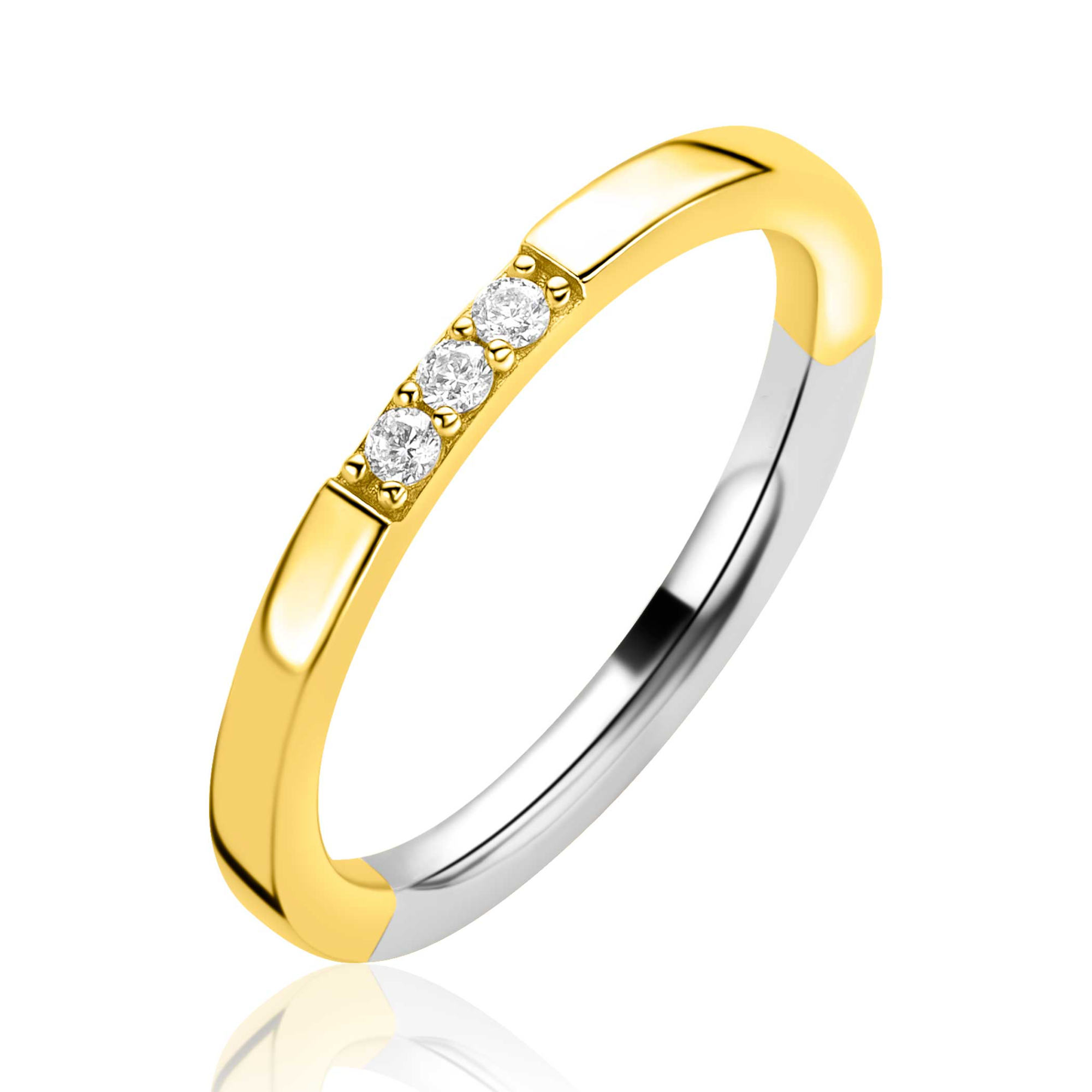 ZINZI goldplated zilveren gladde aanschuifring, die subtiel op de kop is bezet met drie witte zirconia's. Deze aanschuifring is ideaal om te combineren met je andere ZINZI zilveren ringen! Vervaardigd van eerste gehalte zilver (925) en extra geel verguld.