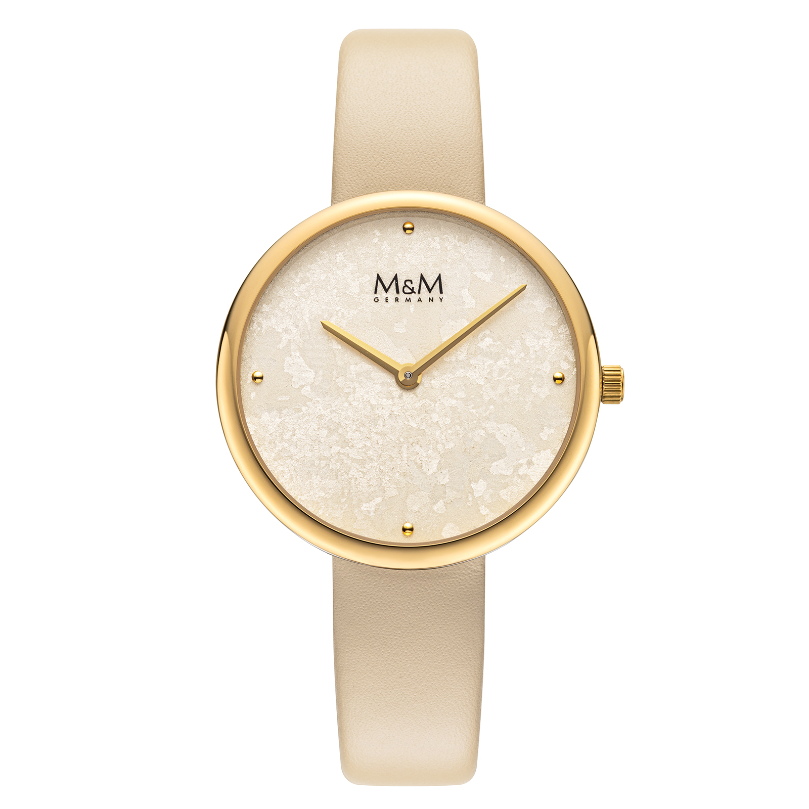 goudkleurige horloge met parelmoerachtige wijzerplaat en beige leren band.