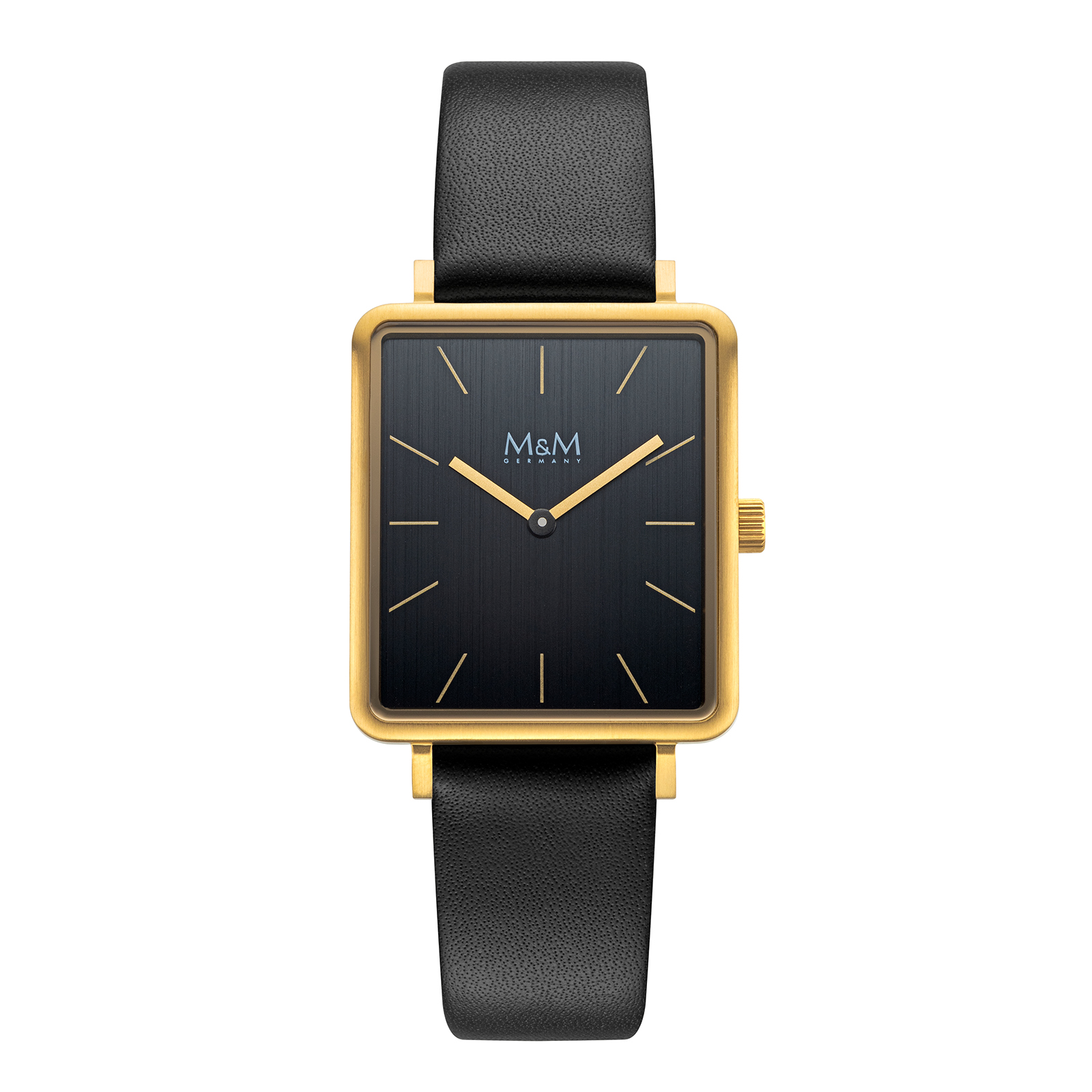 Goudkleurig horloge met zwarte wijzerplaat en zwart leren band.