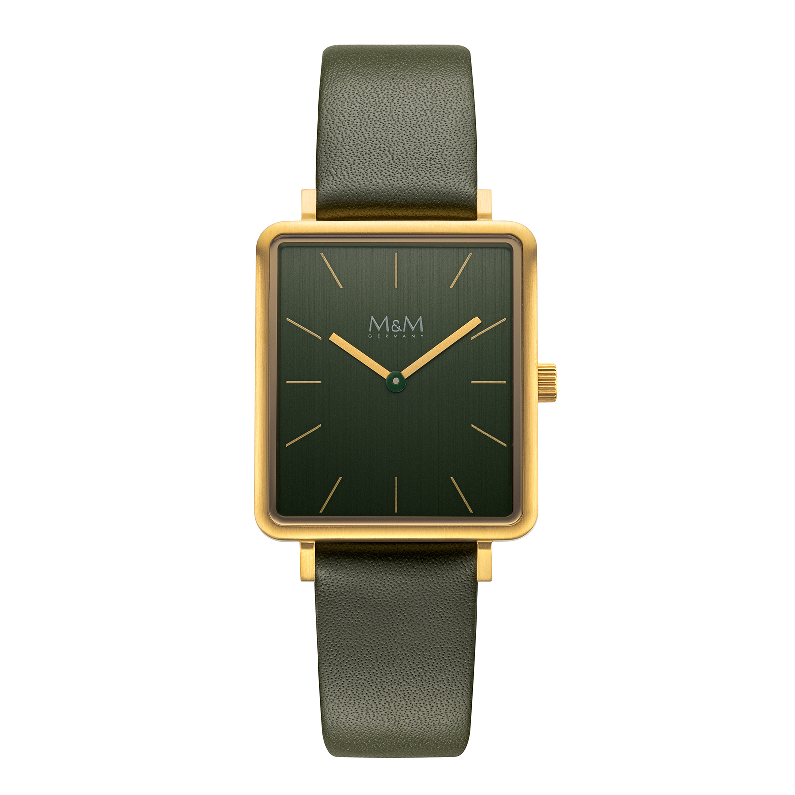 Goudkleurig horloge met groene wijzerplaat en groen leren band.