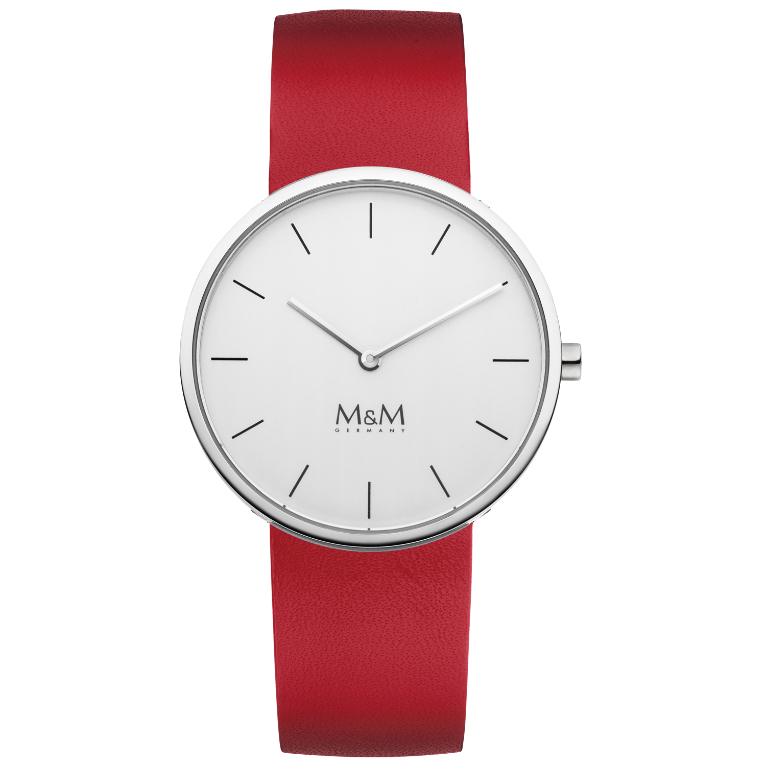 Stalen kast met witte wijzerplaat en rood leren band.
