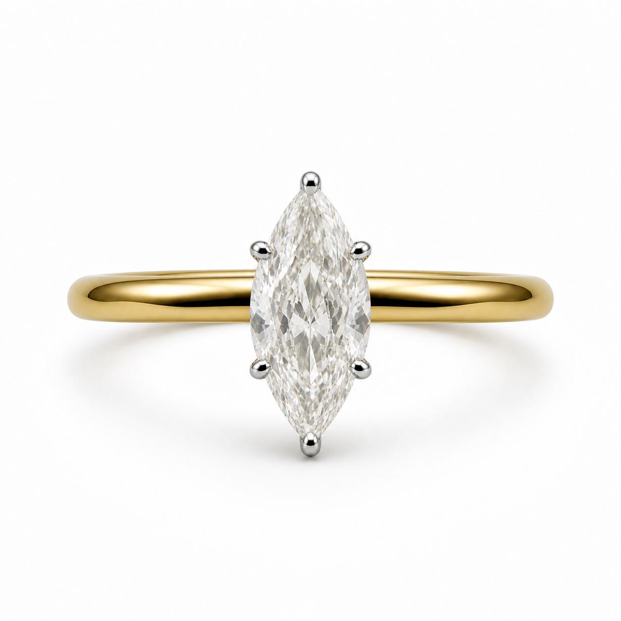 Deze prachtige 18 karaat geelgouden ring schittert met een 1.00 ct lab-grown marquise diamant van kleur E en helderheid VS1. De zetting is voorzien van een onderhalo van kleinere diamanten 0.09CT, wat een extra sprankeling geeft. Perfect om te dragen bij speciale gelegenheden of als dagelijks statement sieraad. Een tijdloze toevoeging aan elke sieradencollectie.