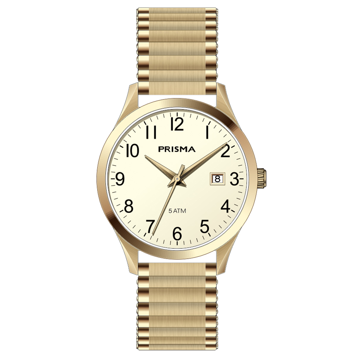 Prisma horloge P1178 heren edelstaal 5 ATM 

Algemeen
Geslacht: heren
Model: P.1178

Voordelen
- rekband sluit naadloos aan op de huid
- band edelstaal goudkleurig
- wijzerplaat champagne met zwarte cijfers (arabisch)
- datum
- duidelijketijdsweergave
- spat waterdicht: handenwassen, regen
- quartz
- maat kast 37mm (breedte) 9,7mm (dikte)

