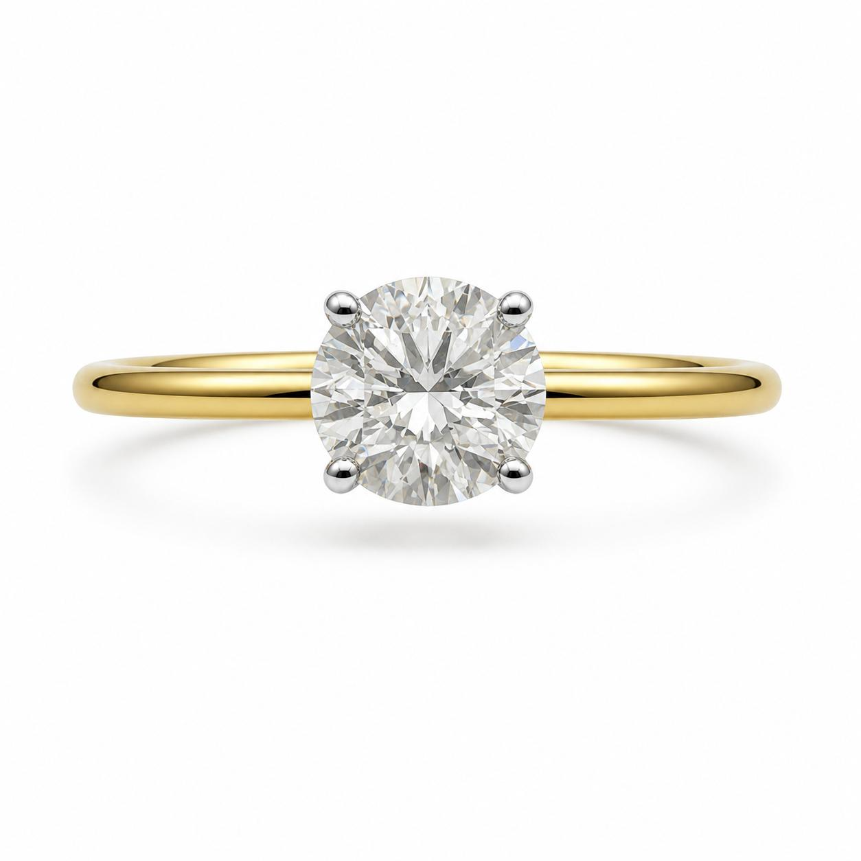 Deze prachtige ring, bevat een briljant geslepen laboratoriumgemaakte diamant van 1.00 ct, IGI-gecertificeerd met kleur E en helderheid VS1. De ring is van 18-karaats geel goud en bevat een verborgen halo van 0.06 ct. Perfect als verlovingsring, maat 52. Draag het bij speciale gelegenheden voor een elegante en tijdloze uitstraling.